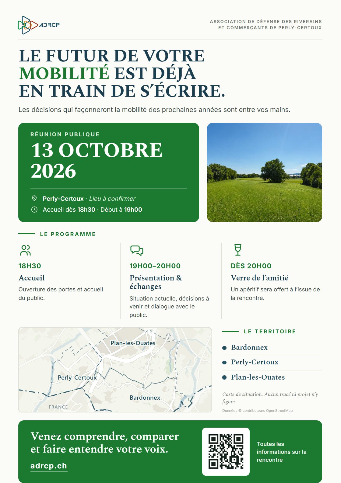 Flyer de la réunion publique du 13 octobre 2026 à Perly-Certoux : accueil dès 18h30, début à 19h00, programme et carte du territoire.